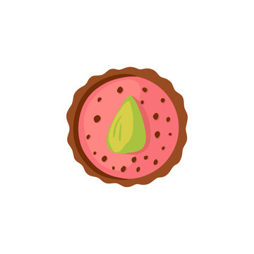 Round chocolate candy with pistachio and pink cream. Vector illustration isolated on white background. 