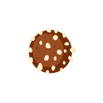 Round chocolate candy with crushed nuts. Vector illustration isolated on white background. 