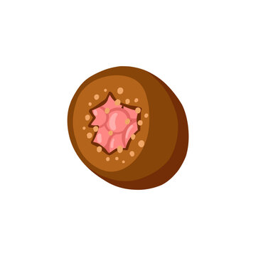 Round chocolate candy with pink cream. Vector illustration isolated on white background. 