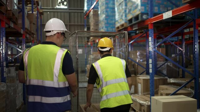 Blue collar workers are working at warehouse. Logistics, transportation.