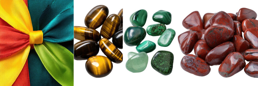 Colorful ribbons with polished stones tiger's eye, malachite, and red jasper displayed on a black background