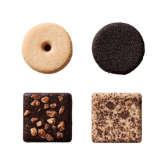 Four assorted cookies, top-down view. Two round, one light beige, one dark brown, and two square, one with dark chocolate chips, one with speckled brown topping