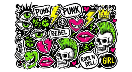 Fototapeta premium A vibrant and chaotic collage of punk rock imagery, featuring skulls, mohawks, lightning bolts, eyes, lips, and the words 