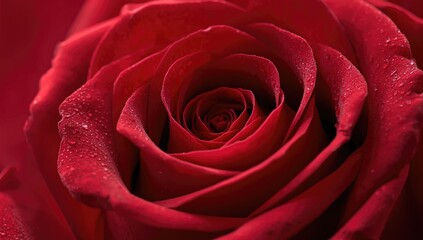 Close-up of a vibrant red rose with dewdrops, showcasing its delicate petals and rich texture against a blurred background