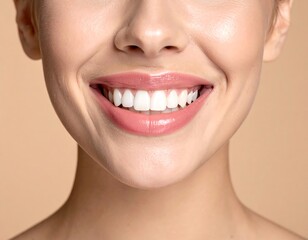 Naklejka premium Close up of a smiling face showing white teeth and pink lips