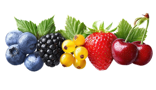 Fresh, vibrant berries in various colors, arranged in a horizontal row with leaves