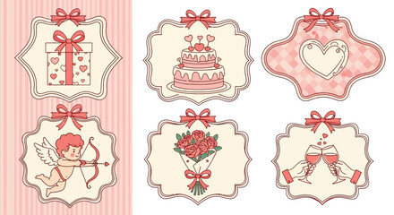 Collection of six vintage-style Valentine's Day themed decorative frames and labels featuring romantic imagery like gifts, cakes, cupids, flowers, and champagne glasses.