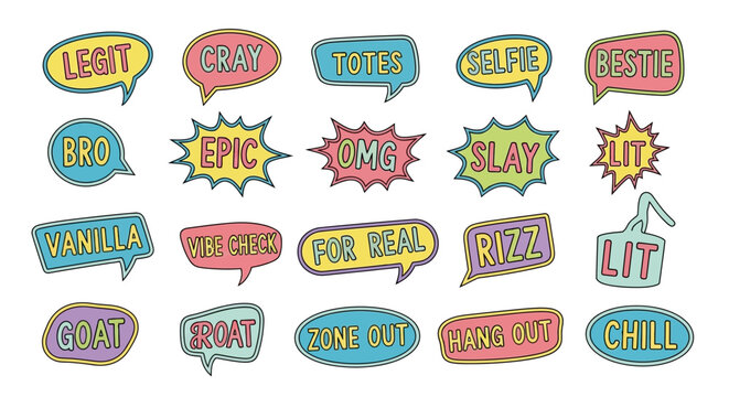 A collection of colorful speech bubbles with popular slang words and phrases in a playful cartoon style.