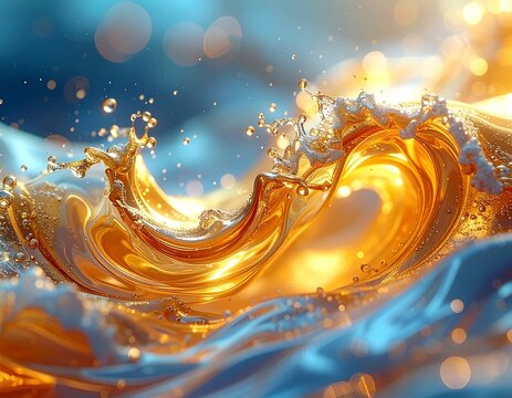 Abstract macro photograph of flowing golden liquid with soft blue highlights and small bubbles. Organic swirling texture creates a dramatic yet elegant fluid background suitable for cosmetic concepts.