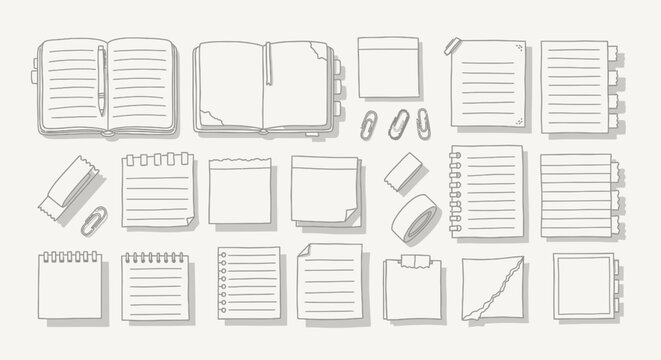A collection of hand-drawn illustrations of various paper stationery items, including notebooks, notepads, and loose sheets.
