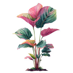 Vibrant, stylized depiction of a plant with large, patterned leaves.  Pink, red, and green hues create a striking visual