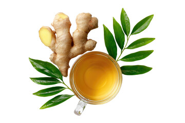 Ginger tea in a glass cup, surrounded by ginger root and leaves