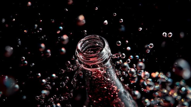 Close up view of green glass bottle neck surrounded by sparkling soda bubbles rising against dark background with colorful neon highlights