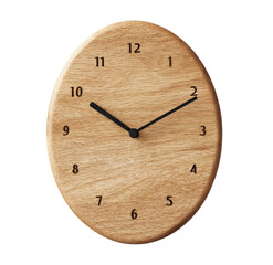 Oval wooden wall clock with black hands.  Simple, light-colored wood face with numbered markers