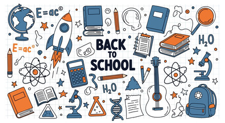 A vibrant illustration depicting a collection of educational and scientific items for back to school, including books, a rocket, a globe, and scientific symbols.