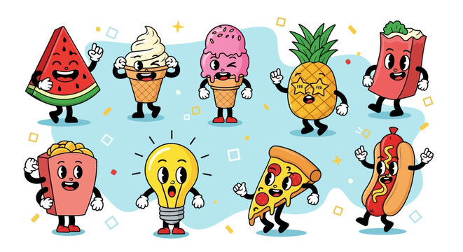 A vibrant collection of cartoon food characters, including a smiling watermelon, ice cream cones, a cheerful pineapple, popcorn, a pizza slice, a hot dog, and a lightbulb.