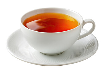 A steaming cup of tea in a white porcelain teacup and saucer