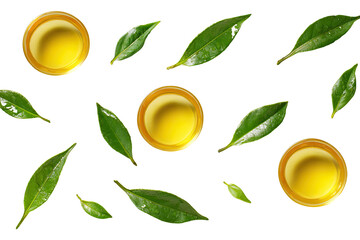 Tea leaves and cups arranged on black background