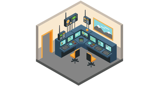 Isometric Control Room with Multiple Monitors.