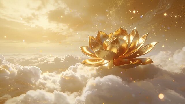 Golden Lotus Flower Floating Serene Above Ethereal Clouds in a Dreamlike Sky.