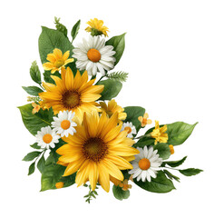 Vibrant floral arrangement in yellow and white.  A corner bouquet featuring sunflowers, daisies, and smaller yellow blossoms.  Rich, detailed leaves