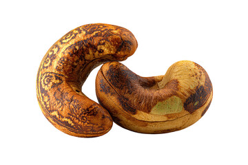 Obraz premium Two whole cashews, intricately patterned with a dark, burnt design, are positioned close together. The nuts are a light tan color, and the patterns are emphasized by a contrast in color