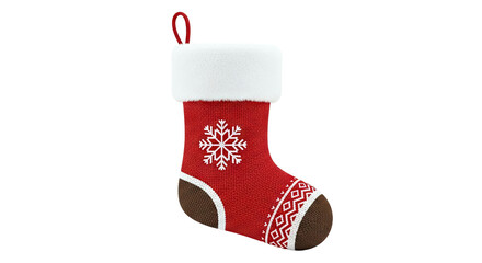 Red knitted Christmas stocking with snowflake and geometric pattern