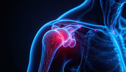 Illuminated representation displays concentrated discomfort and inflammation within the anatomical structure of a human shoulder joint