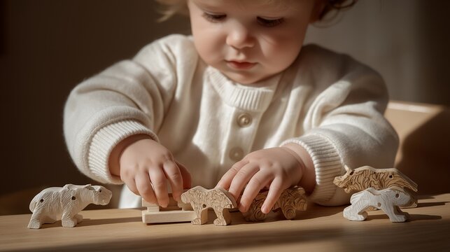 An inviting table scene with baby hands discovering intricately designed wooden toys, showcasing the significance of tangible play in cognitive development for infants. cinematic color correction,