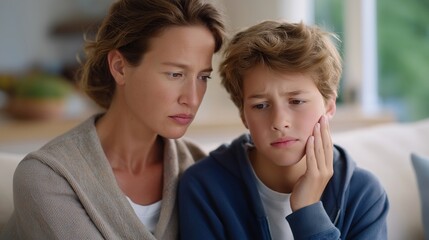 Fototapeta premium A worried parent helps their child, who has a toothache, with a palm to cheek, while checking medical advice online, highlighting the need for timely pediatric dental care. cinematic color