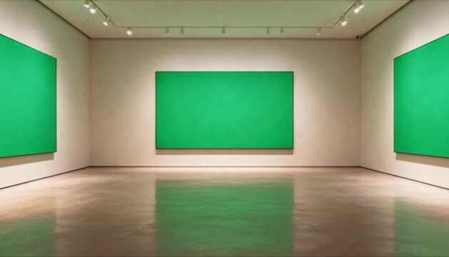 empty art gallery with large green screen canvases on the walls perfect for museum mockup