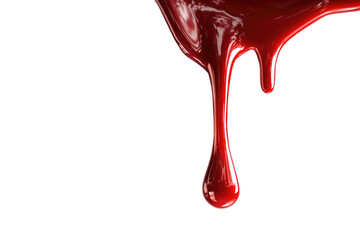 A single, dripping stream of crimson liquid against a black background.  The liquid is glossy and appears viscous, with a smooth, reflective surface.  A teardrop shape forms at the bottom