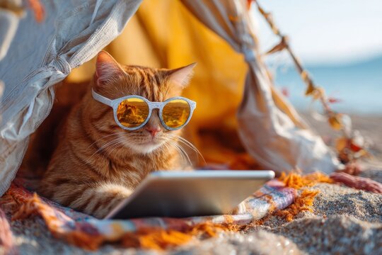 Ginger cat wearing sunglasses watching tablet on beach