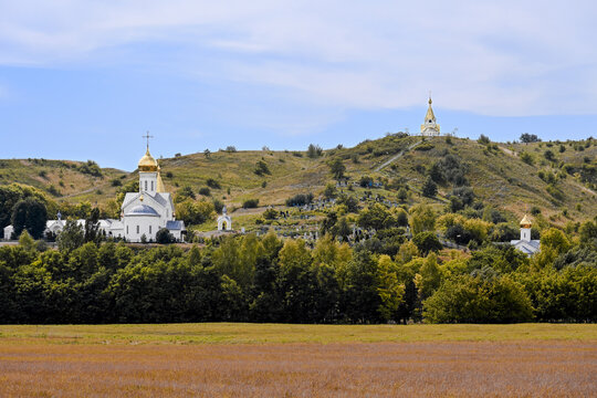 Panorama of the Kholkovsky Monastery on a high hill, Belgorod region of Russia
