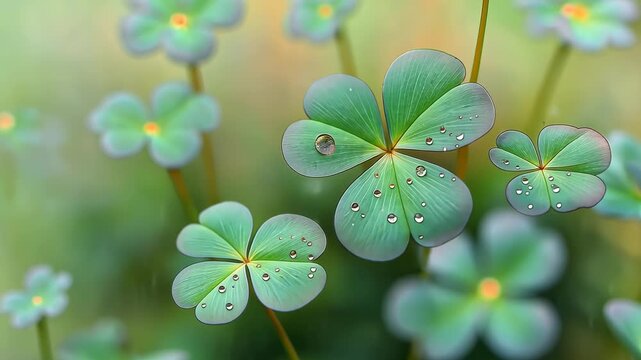 Soft-focus four-leaf clovers with dewdrops in a dreamy pastel setting, St. Patrick's Day theme. Generated AI