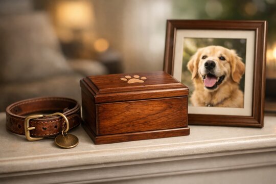 Memorial tribute for deceased pet featuring engraved wooden urn, leather collar and picture frame. Sentimental home shrine for dog loss grief and remembering beloved animal companion.