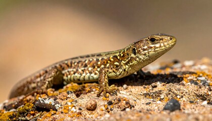 Close up of a lizard resting on a textured rock surface in natural light
