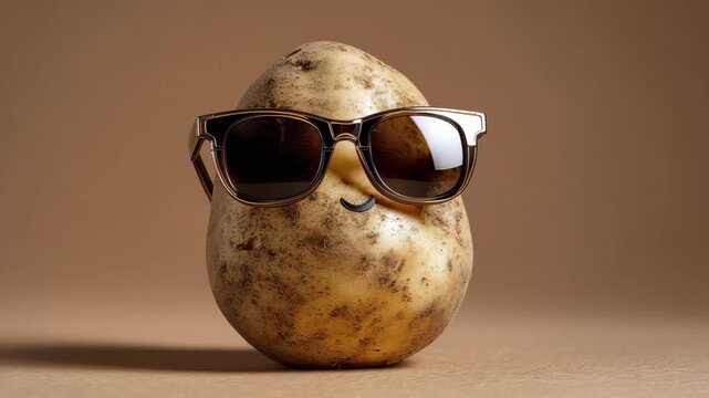 Funny potato wearing sunglasses smiles at the viewer while sitting on a simple background in a warm light setting, showing casual charm and humor in everyday objects