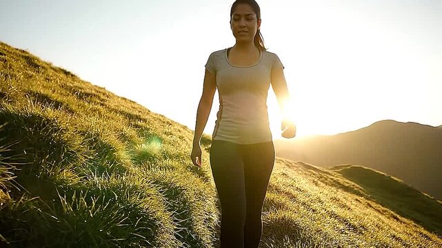 Young woman walking on grassy hillside at golden hour, backlit silhouette, warm rim light, serene outdoor lifestyle portrait freedom mood.