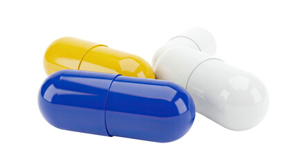 Three Pharmaceutical Capsules: Blue, Yellow, and White