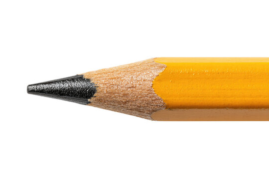 Close-up of a sharpened yellow pencil tip.  The graphite point is visible, and the wood is textured
