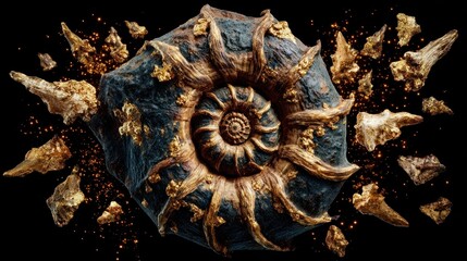 Ancient ammonite fossil bursting open to reveal golden spiral form