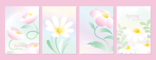 Obraz premium Modern gradient poster background vector set. Minimalist poster summer and spring cover template with green geometric, heart, flower, butterfly. Ideal design for social media, banner, card, ads.