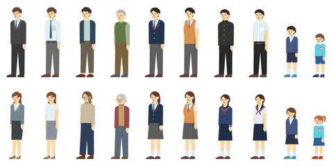 フラットイラスト：様々な年代の男女セット