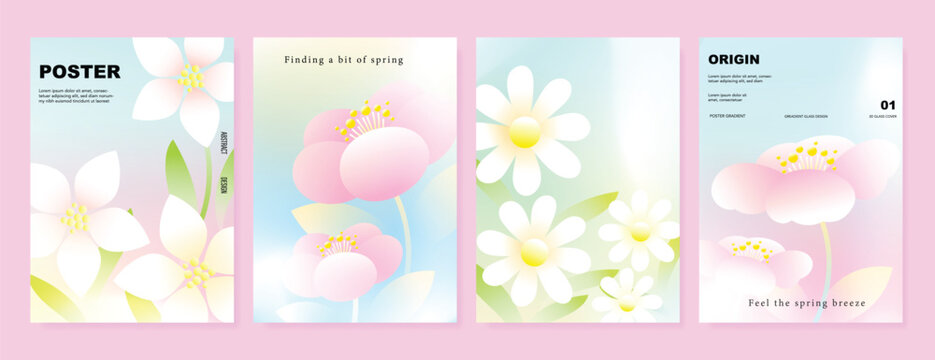 Modern gradient poster background vector set. Minimalist poster summer and spring cover template with green geometric, heart, flower, butterfly. Ideal design for social media, banner, card, ads.