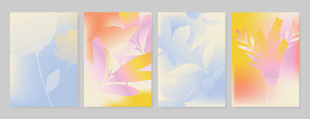 Obraz premium Modern gradient poster background vector set. Minimalist poster summer and spring cover template with green geometric, heart, flower, butterfly. Ideal design for social media, banner, card, ads.