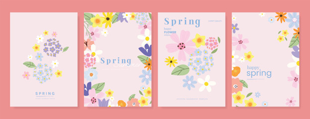 Obraz premium Spring Floral invitation card background vector. Minimal hand drawn botanical flowers template background. Design illustration for wedding, vip cover, poster, rsvp modern card, birthday party.