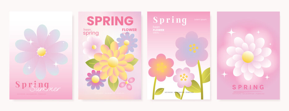 Modern gradient poster background vector set. Minimalist poster summer and spring cover template with green geometric, heart, flower, butterfly. Ideal design for social media, banner, card, ads.