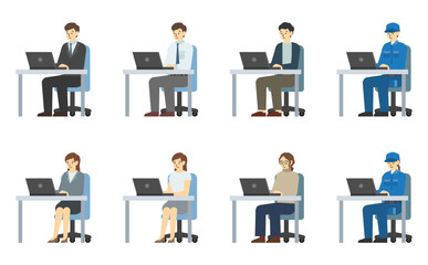フラットイラスト：パソコンを使ってデスクで仕事する男女セット