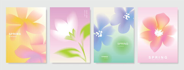 Obraz premium Modern gradient poster background vector set. Minimalist poster summer and spring cover template with green geometric, heart, flower, butterfly. Ideal design for social media, banner, card, ads.
